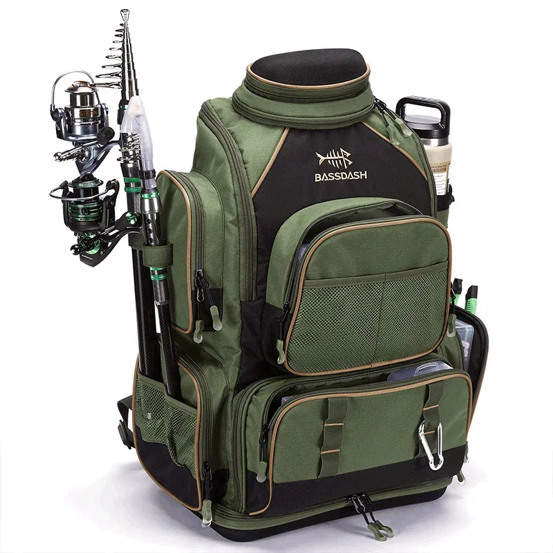 Mochila de camping verde militar Pesca Master com múltiplos compartimentos,
