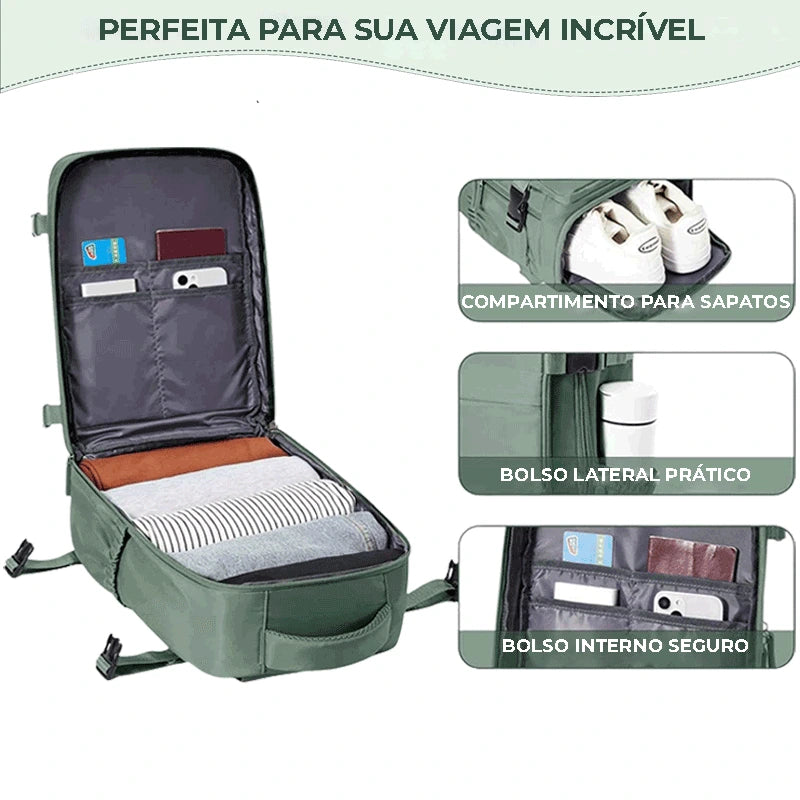 Mochila de viagem unissex verde com alças ergonômicas acolchoadas