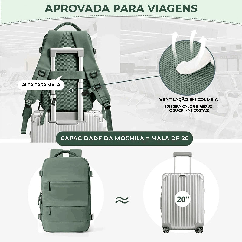 Compartimentos internos da mochila de viagem verde para notebook e roupas