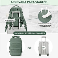 Vista traseira da mochila com ventilação em colmeia e alça para mala, garantindo conforto ergonômico e redução de suor.