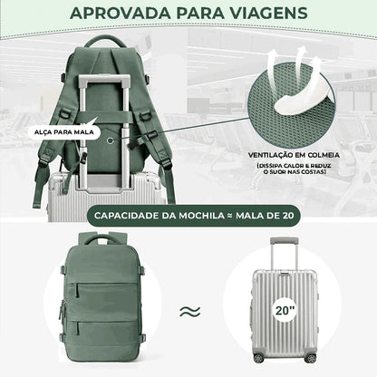 Compartimentos internos da mochila de viagem verde para notebook e roupas