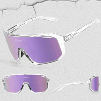 Óculos esportivo em três ângulos, destacando a armação transparente e as lentes roxo, USP de estilo premium e Alto Valor.