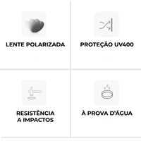 Detalhes de tecnologia: Lente Polarizada, Proteção UV400, Resistência a Impactos e À Prova D'Água, garantindo segurança e durabilidade.