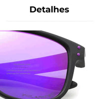Close-up da lente polarizada roxa, mostrando a tecnologia de revestimento a vácuo e a proteção UV.
