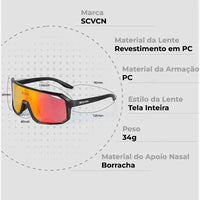 Detalhes técnicos: Lente PC revestida, armação PC/TR90 e peso ultraleve de 34g, priorizando leveza extrema e durabilidade.