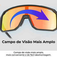 Óculos com seta indicando campo de visão mais amplo, otimizando a performance e a conveniência do ciclista.