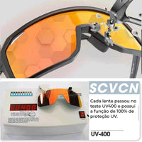 Lente sendo testada, comprovando 100% de proteção UV400, destacando a tecnologia da lente de segurança e durabilidade.