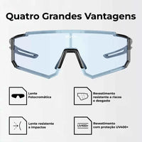 Diagrama de quatro grandes vantagens, destacando a lente fotocromática e a proteção UV400+ de segurança e Alto Valor.