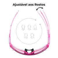 Diagrama da armação ajustável aos rostos, garantindo conforto ergonômico e ajuste universal graças ao material TR90.
