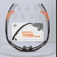 Painel de detalhes com lentes duráveis, armação em TR90 e orifícios de ventilação, priorizando a durabilidade e o conforto.