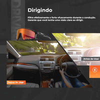 Demonstração do filtro de ofuscamento da lente, garantindo visão clara e segurança ao dirigir, USP de Alto Valor para o público 35+.