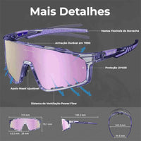 Óculos Vision Aero com armação TR90, apoios nasais de borracha e sistema de ventilação, garantindo durabilidade e conforto.