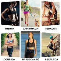 Grade de cenários demonstrando o uso versátil (Treino, Corrida, Escalada), reforçando a performance do acessório em diversos esportes.