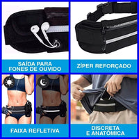 Detalhes de faixa refletiva e saída para fones, mostrando que é discreta e anatômica, ideal para segurança noturna.