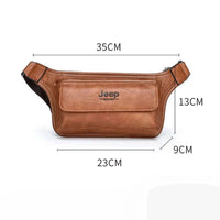 Pochete couro premium com dimensões otimizadas (35cm largura), ideal para portabilidade e design slim.