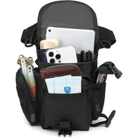 Vista interna da pochete, mostrando a organização multi-compartimentos para tablet, celular e itens de higiene/limpeza.