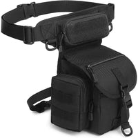 Pochete sendo utilizada na perna/cintura, destacando o uso tático e a multifuncionalidade com design ergonômico.