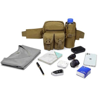 Vista da pochete com itens organizados (óculos, celular, chaves), mostrando múltiplos bolsos e segurança de itens.