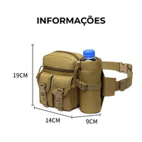 Pochete com dimensões táticas (19cm altura) e porta garrafa, otimizando a portabilidade e a organização.