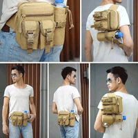 Quatro ângulos da pochete impermeável, mostrando a portabilidade e o estilo tático para um acessório de Alto Valor.