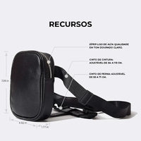 Diagrama de recursos da pochete, destacando o cinto de perna ajustável e o zíper liso de alta qualidade para segurança e durabilidade.