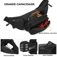 Vista interna da pochete, mostrando a grande capacidade e o bolso traseiro (cooler/armazenamento), otimizando a organização tática.