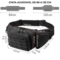 Diagrama de dimensões e destaque para a cinta ajustável de 60 a 132cm, garantindo conforto e segurança para todos os biotipos.