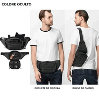 Demonstração do coldre oculto e da multifuncionalidade (cintura/ombro), USP de segurança máxima da pochete de cintura.