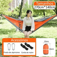 Diagrama da Rede Casal com dimensões 270cm x 140cm, reforçando a capacidade de peso e a durabilidade dos acessórios inclusos.