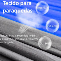 Detalhe do tecido para paraquedas, leve e respirável, com textura macia e resistente ao desgaste, USP de Alto Valor.