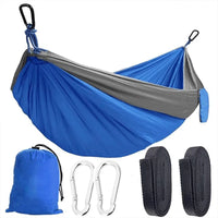 Rede Casal Camping azul e cinza com fivelas de alpinismo e cordas de nylon, kit completo de Alto Valor para segurança.