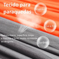 Detalhe do tecido para paraquedas, leve, respirável e durável, que é muito resistente ao desgaste, USP de Alto Valor.