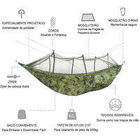 Diagrama de especificações: Tafetá de Nylon 210T e carga de 300KG, com mosquetão D-Ring, USP de durabilidade extrema e segurança.