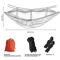 Rede Mosquiteiro com dimensões de 260cm, e acessórios incluindo corda à prova de vento, reforçando a segurança e portabilidade.