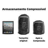Comparação de tamanho antes e depois da compressão, ilustrando o armazenamento compressível para portabilidade extrema e conveniência em viagens.