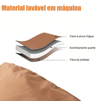 Diagrama de camadas do saco de dormir, destacando o material lavável em máquina para higiene e o acolchoamento de fibra de poliéster.
