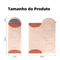 Saco de dormir com dimensões amplas (210cm), destacando o conforto e a portabilidade do modelo compacto.