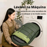 Saco de dormir Lavável na Máquina, destacando a higiene e a durabilidade do material, essencial para o conforto a longo prazo.