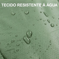 Close-up do tecido resistente à água, comprovando a vedação eficaz e a segurança contra umidade externa.