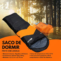 Diagrama do saco de dormir, destacando o peso ultraleve de 1 KG e as medidas 2.1m x 75cm, garantindo portabilidade e durabilidade.