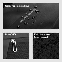 Detalhes da bolsa: Zíper YKK, tecido repelente à água e estrutura favo de mel, comprovando a durabilidade e tecnologia.