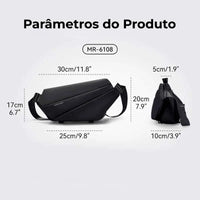 Parâmetros da bolsa (Modelo MR-6108), com dimensões otimizadas para portabilidade e conveniência no uso transversal.
