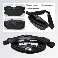 Vista da organização interna da bolsa, mostrando os bolsos frontal e traseiro para segurança e funcionalidade de itens pessoais.