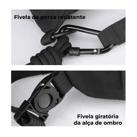 Detalhes da fivela de porca resistente e fivela giratória da alça, reforçando a segurança e a durabilidade do acessório.