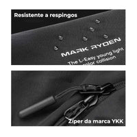 Detalhes da bolsa: Zíper da marca YKK e tecido resistente a respingos, comprovando a durabilidade e vedação.