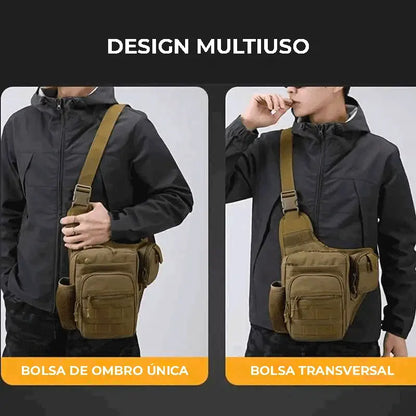 Imagens do design multiuso, demonstrando a versatilidade da bolsa para uso em ombro único ou transversal.