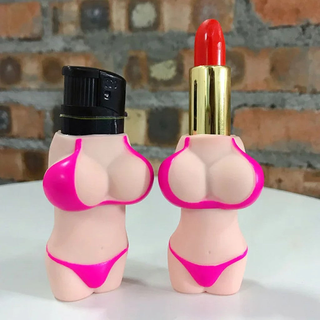 Porta-isqueiro corpo feminino de biquíni rosa em dois ângulos