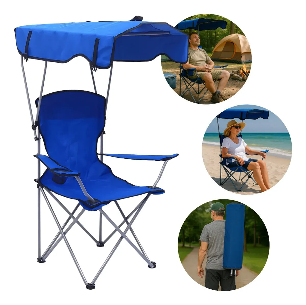 Cadeira Camping Dobrável Com Guarda-Sol | Guardian com imagens de uso versátil (praia, camping) e fácil transporte, destacando a proteção solar em diversos ambientes.