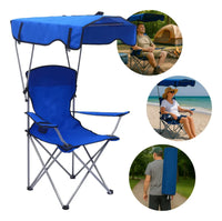 Cadeira Camping Dobrável Com Guarda-Sol | Guardian com imagens de uso versátil (praia, camping) e fácil transporte, destacando a proteção solar em diversos ambientes.