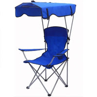 Vista frontal da cadeira azul com guarda-sol ajustável, oferecendo proteção UV e design ergonômico de qualidade.  Cadeira Camping Dobrável Com Guarda-Sol | Guardian